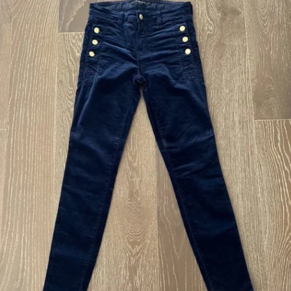 J Brand Zion Velvet Skinny Jeans — Night Out Navy, Gold Buttons, Mid Rise 25